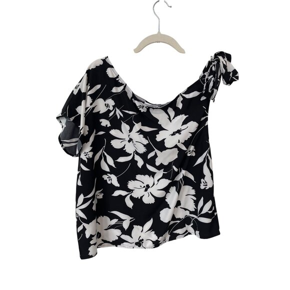 Laqeyko One Shoulder Floral Top Size Large Tie Shoulder Black White Fairygoth - Picture 1 of 7